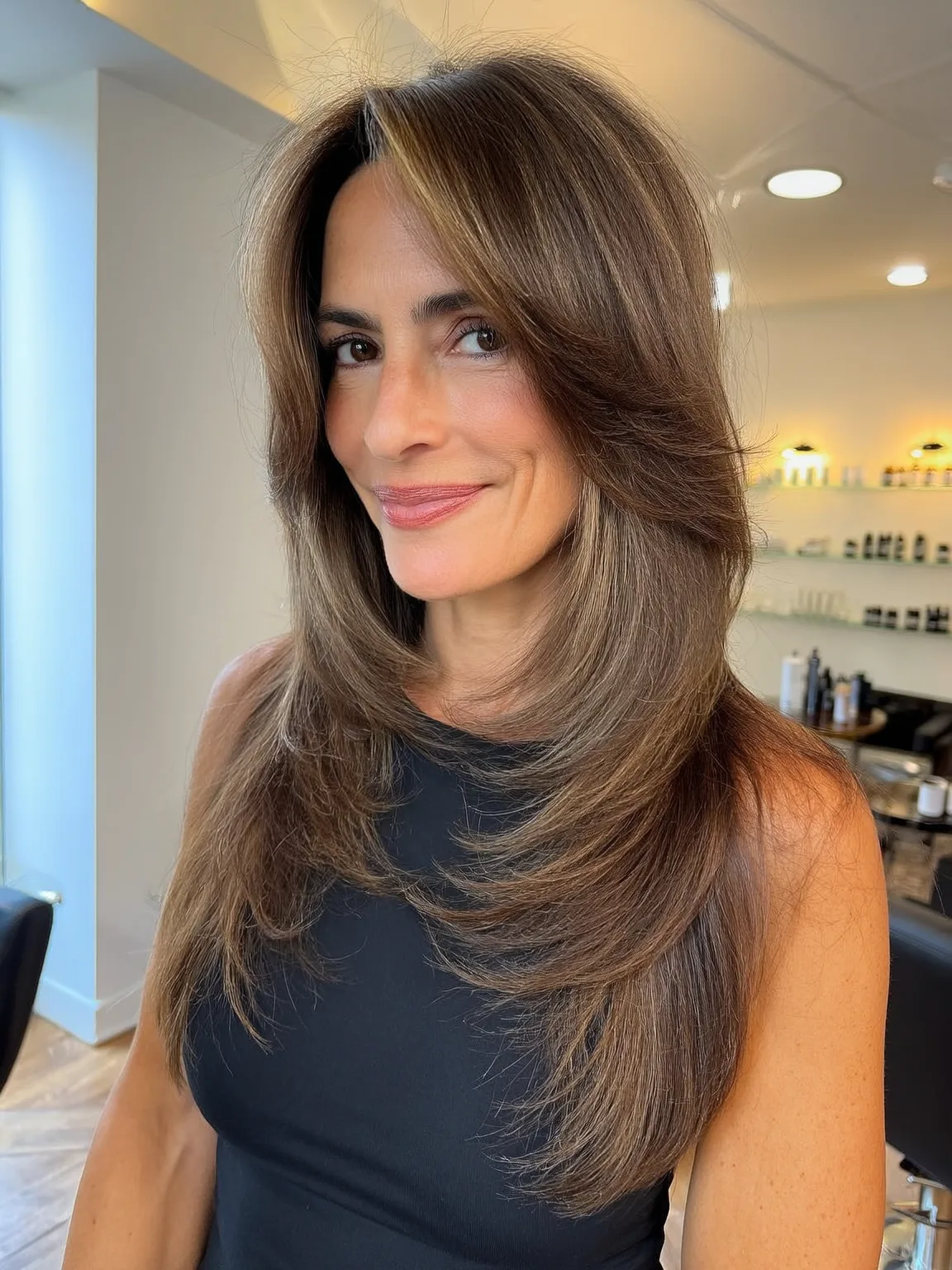 Long Voluminous Feathered Layers in Warm Caramel Brown